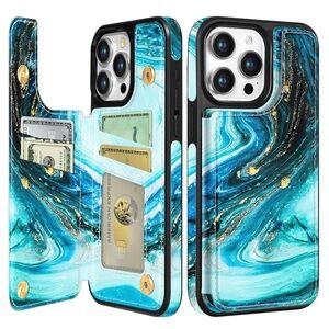 Stylish Blue Marble Phone Case with Card Holder iPhone 15 Promax